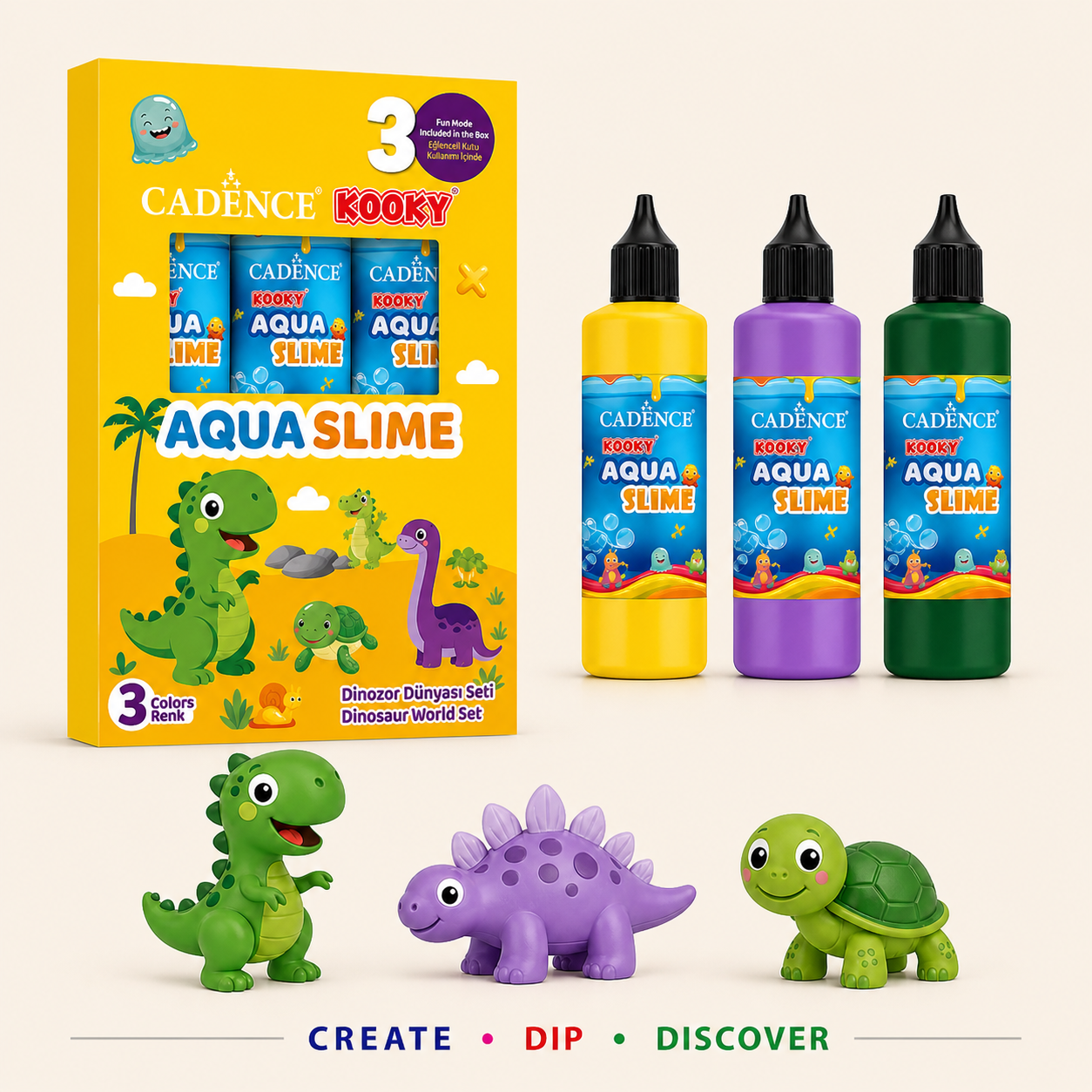 Cadence Aqua Slime Dinosaur World Kit with 3 colours bottles and dinosaur moulds including two dinosaurs and a turtle