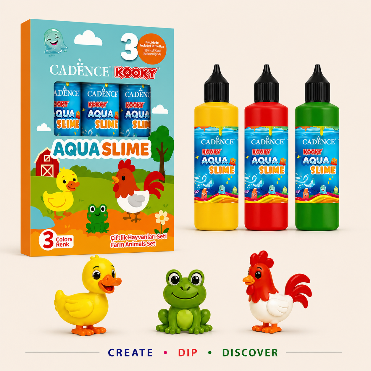 Cadence Aqua Slime Farm Animals Kit with 3 colours bottles and moulds including duck, frog and rooster