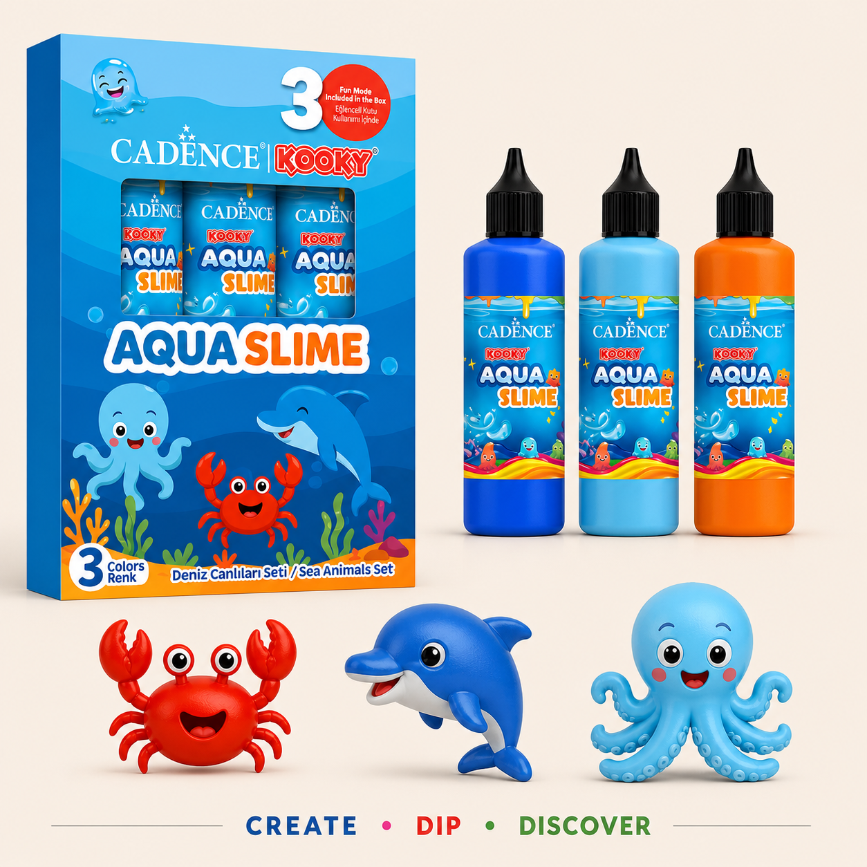 Cadence Aqua Slime Sea Animals Kit with 3 colours bottles and moulds including crab, dolphin and octopus