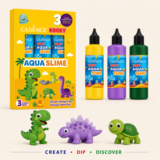Cadence Aqua Slime Dinosaur World Kit with 3 colours bottles and dinosaur moulds including two dinosaurs and a turtle