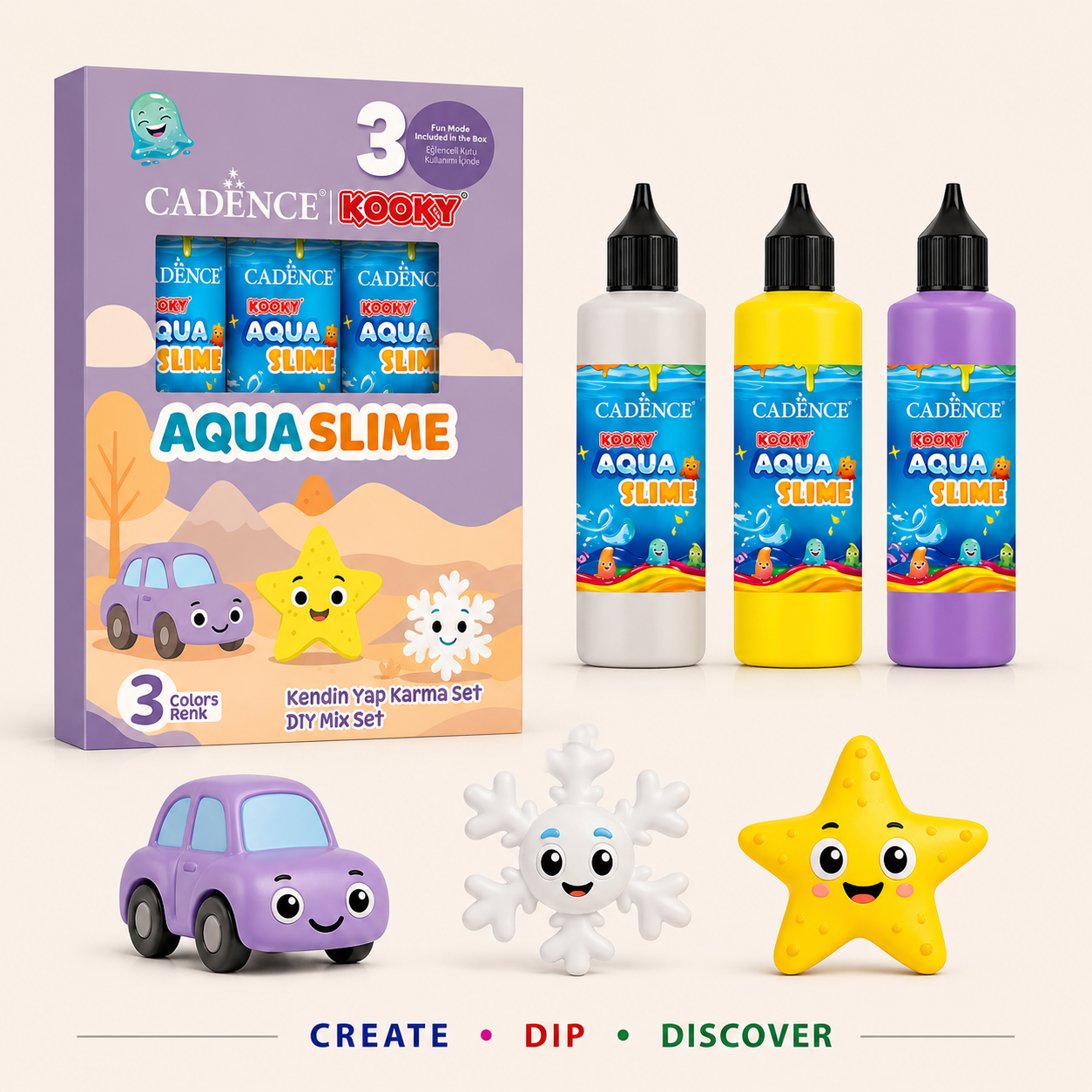 Cadence Aqua Slime DIY Mix Kit with 3 colours bottles and moulds including car, snowflake and starfish