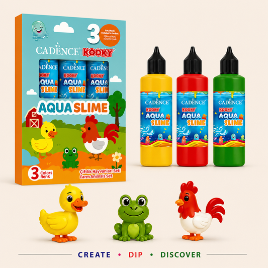Cadence Aqua Slime Farm Animals Kit with 3 colours bottles and moulds including duck, frog and rooster