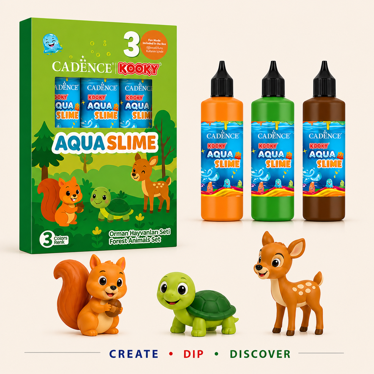 Cadence Aqua Slime Forest Animals Kit with 3 colours bottles and moulds including squirrel, turtle and bambi