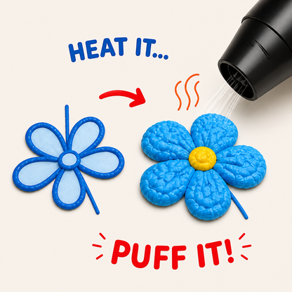 Puffy paint before and after heat showing puff effect kids craft Cadence Puff It